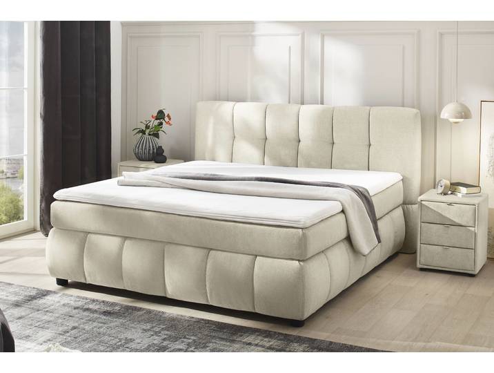 Boxspringbett, Flachgewebe, Beige, 201×219 cm, Wende-Bonell-Federkern, Modern, Jockenhöfer