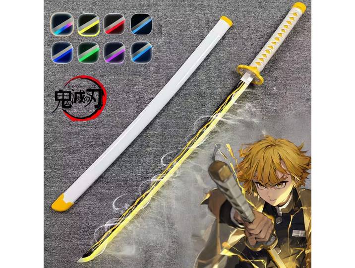 Katana Demon Slayer Agatsuma Zenitsu de 40 pouces avec LED, sabre à vapeur original, accessoires de cosplay, accessoire de scène, épée en bois, jouet à vapeur, cadeau