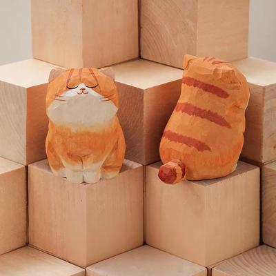 Inspired Finds Handcrafted Wooden Cat Figurine Decor Cute Kitten Statue For Desk, Car, And Home Accent orange Tabby