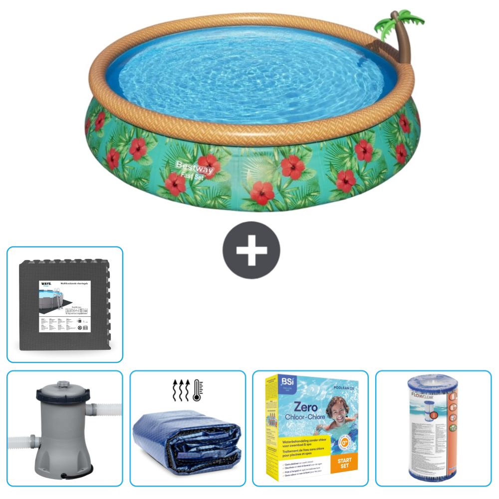 Bestway runder aufblasbarer Fast-Set-Schwimmpool - Paradise Print - 457 x 84 cm - inklusive Pumpe Sonnensegel - Wartungspaket - Filter - Bodenfliesen