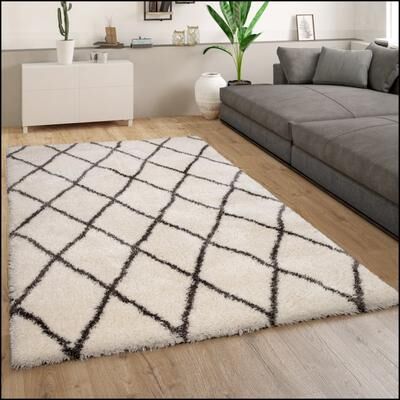 Paco Home Modern Shag Rug with Scandinavian Pattern, Flokati Style in Cream Grey