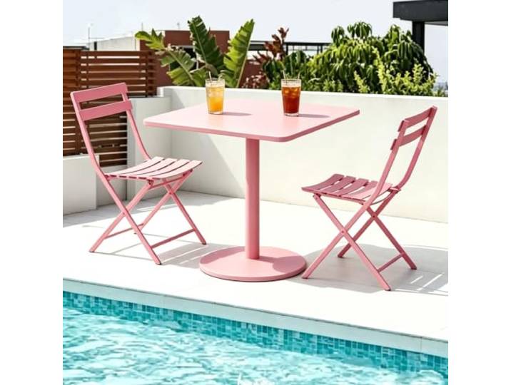 Yopappol Quadratischer Bistrotisch Aus Rosafarbenem Eisen Für Den Außenbereich, Robuster Esstisch Mit Metallsockel, wasserdichte Kleine Cocktailtische Für Die Terrasse Am Meer, Am Pool(60x60x73cm)