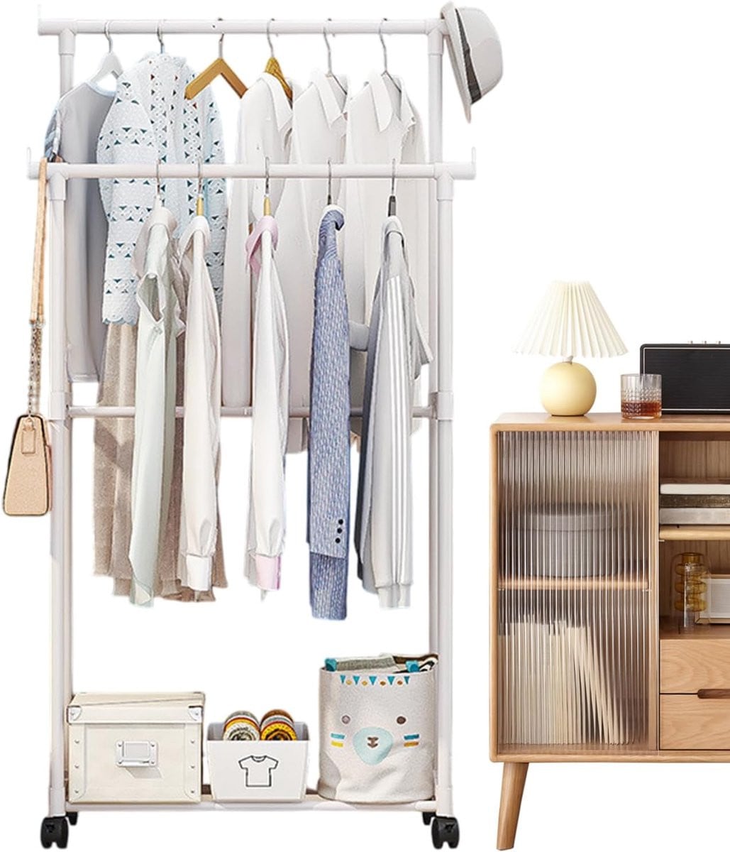 Wit Rolbaar Kledingrek met Stevige Plank voor in de Slaapkamer of Hal