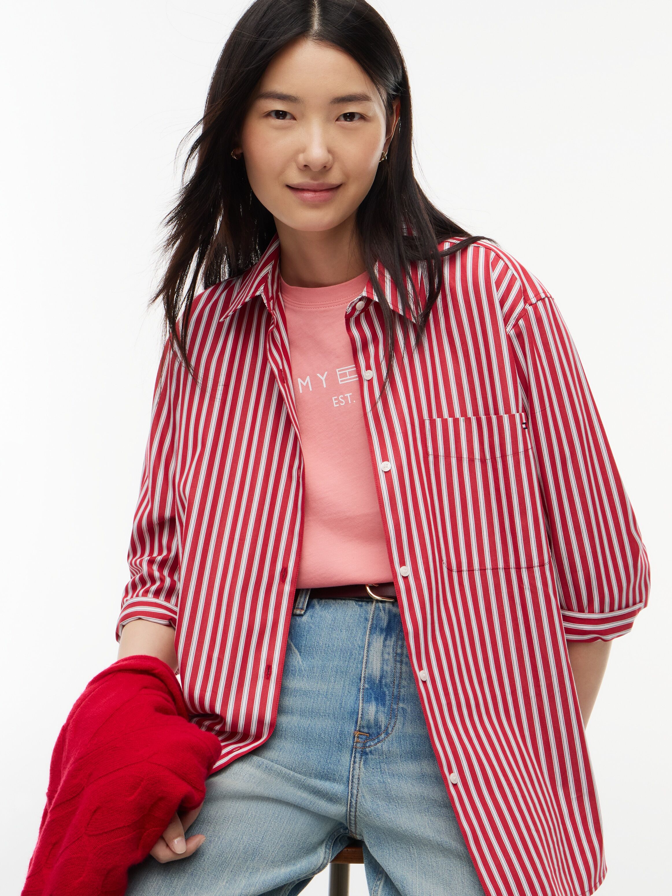 Langarmbluse TOMMY HILFIGER "ESS POPLIN EASY FIT SHIRT", Damen, Gr. 40, rot (classic rot preppy stripe), Popeline, Obermaterial: 100% Baumwolle, gestreift, normal hüftbedeckend, Ärmel mit Ärmelschlitz 1-Knopf-Manschette, Blusen Langarmbluse, Baumwolle cla