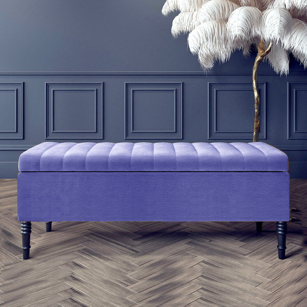 R&M Furnishers Paris Striped Ottoman Storage Bench - Upholstered Naples Shoes Bench with Black Turned Wooden Legs Blue