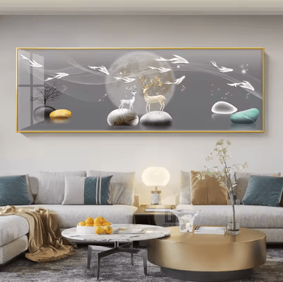 Inspire Picks Chinese Style Golden Deer Canvas Wall Art Feng Shui Mountain Poster Decor 9 50x150cm No Frame