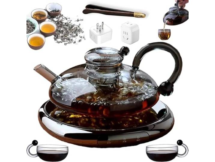 Elektrisches Glas Teekannen Set mit Keramik Teesieb Hitzebeständige Teekanne for die Zubereitung von losem Tee(Electric ceramic stove+Gray+2cups)