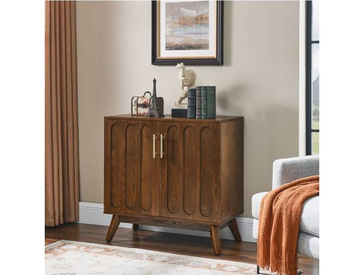MEUBLIV Buffet bas 2 portes style vintage façades rainurées étagères réglables MDF et bois noyer
