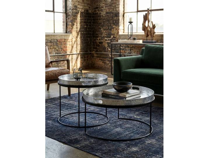 KADIMA DESIGN Satztisch Couchtisch 2er Set Silber / Schwarz Metall Hammerschlag Satztisch (Modern, Runder Beistelltisch), Rund, Sofatisch abnehmbares Tablett, Tabletttisch Sofa 2 teilig