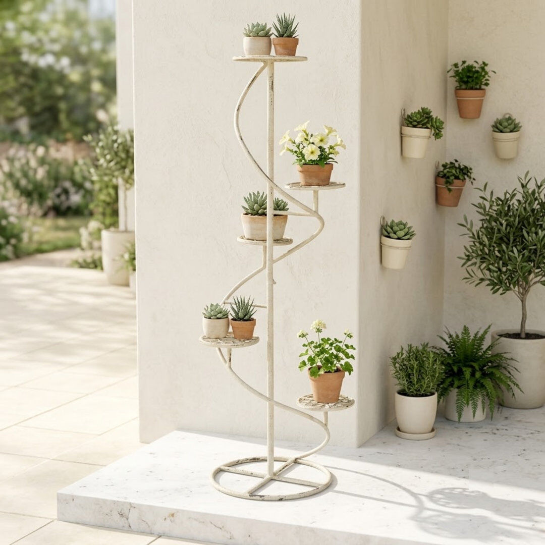 August Grove Stylish Metal 5 Tier Plant Stand - Distressed Finish Hand Finished Indoor Outdoor Display Shelf for Flowers Ivy & Plants Cream 124cm H X 40cm L X 40cm D