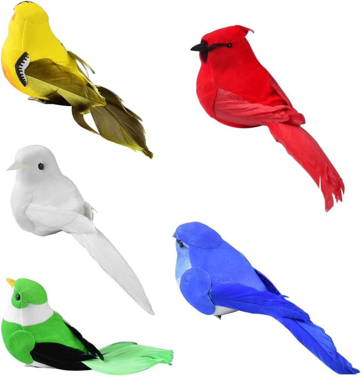 Set van 5 decoratieve simulatievogels met bevestigingsclip voor interieurdecoratie