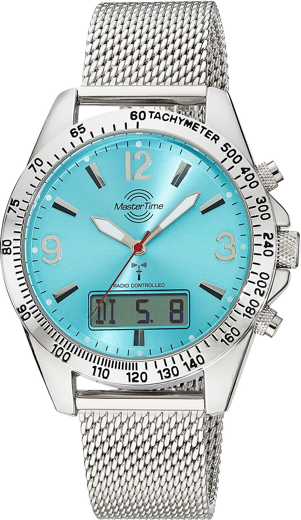 Funkchronograph MASTER TIME "Sporty", blau (stahlgrau, hellblau, hellblau), Armbanduhren, Herren, silberfarben, Funkchronograph, Quarzuhr, Armbanduhr, Herrenuhr, Edelstahlarmband, analog, digital
