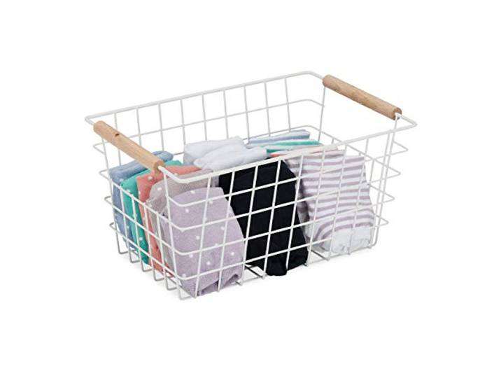 2x Paniers fil métal\, poignées bois\, rectangulaire\, design quadrillé\, vêtements\, accessoires\, HxLxP: 16x31x21 cm\, blanc