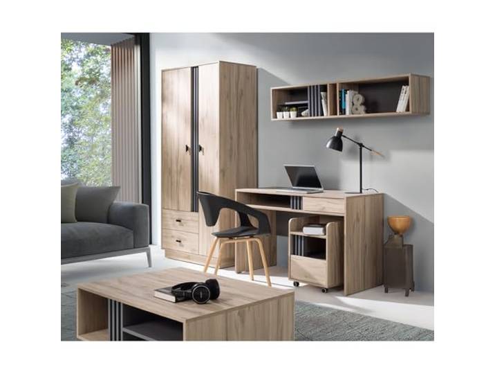 Lomadox Jugendzimmer-Set mit Schreibtisch, Couchtisch & Kleiderschrank in Eiche mit anthrazitfarbenen Akzenten, modern 5-teilig