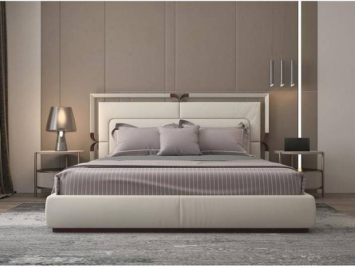 Xlmoebel Polsterbett Luxus Bettgestell Beige mit braunen Akzenten und elegantem Kopfteil, Made in Europa