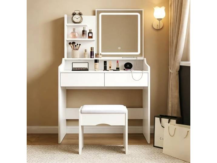 Coiffeuse avec éclairage LED plateau en verre tabouret et prise électrique Coiffeuse avec miroir 2 tiroirs et compartiments ouver
