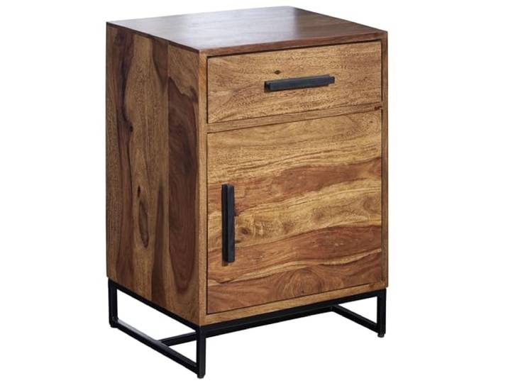 FineBuy Nachttisch 45x35x65 cm Sheesham Massivholz, Schublade und Tür Nachtkonsole Industrial mit Metallgestell, Nachtkästchen aus Echtholz, handgefertigtes Unikat