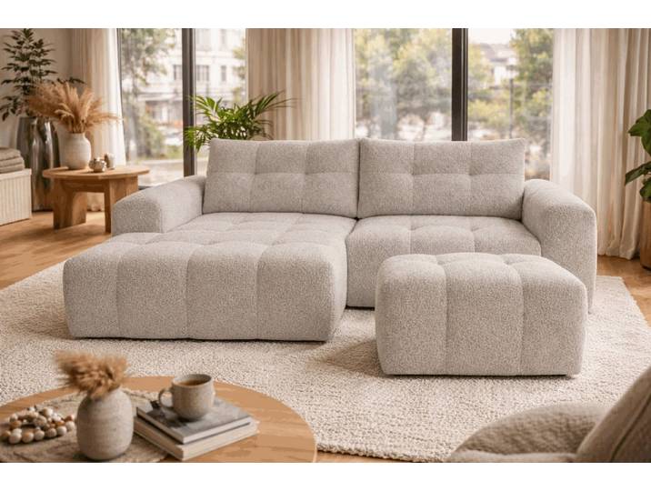 Compleo Ecksofa Boucle, Designersofa, Sitzhocker als Option RAVI, Modern Schlafzimmer