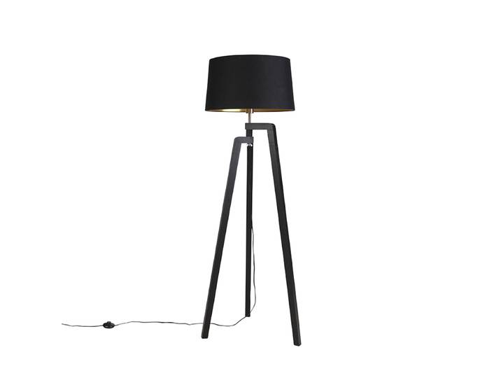 Lampadaire trépied avec abat-jour en coton noir avec intérieur