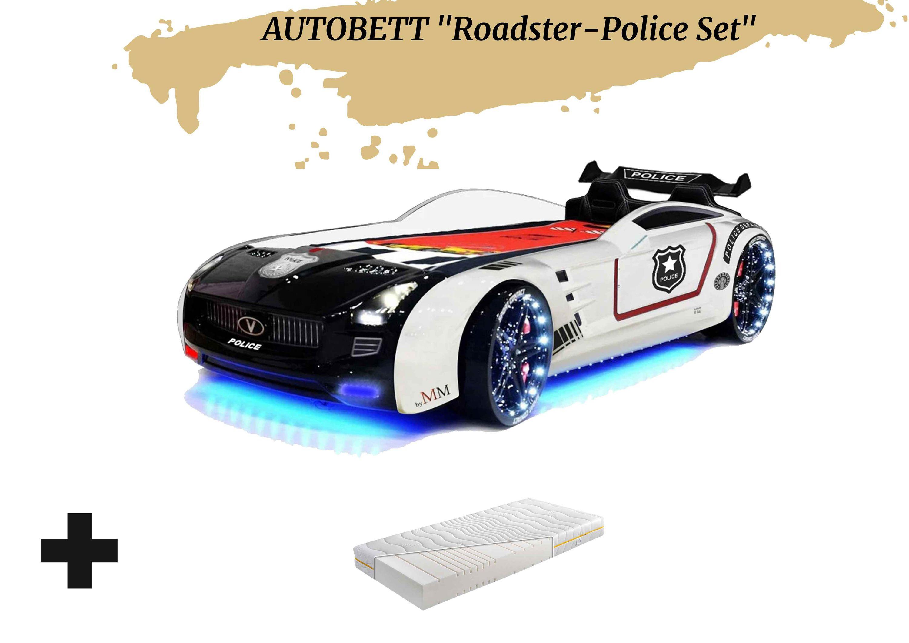 Autobett Kinderbett "Roadster Police" LED Sound Sportsitze Lattenrost Spoiler 90x190 cm inkl. Matratze