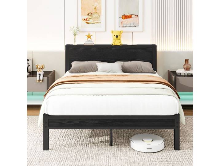 Lit Double 140x200 cm Lit Métal Ado Style Minimaliste avec Cadre MDF Noir