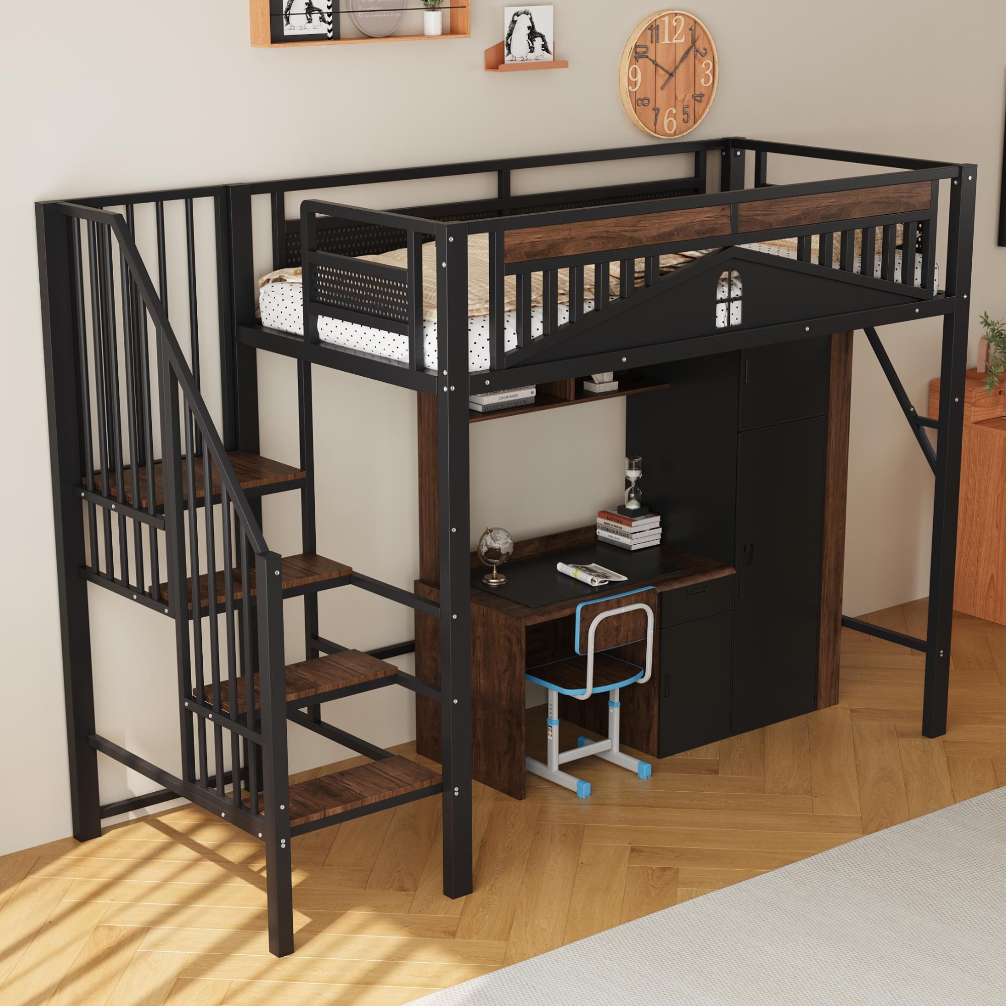 Metall-Hochbett 90 x 200 cm, Einzigartige Sicherheitsumrandung mit Fenster, Mit Sicherheitsleiter, Genügend Platz unter dem Bett für freien Stoffbezug