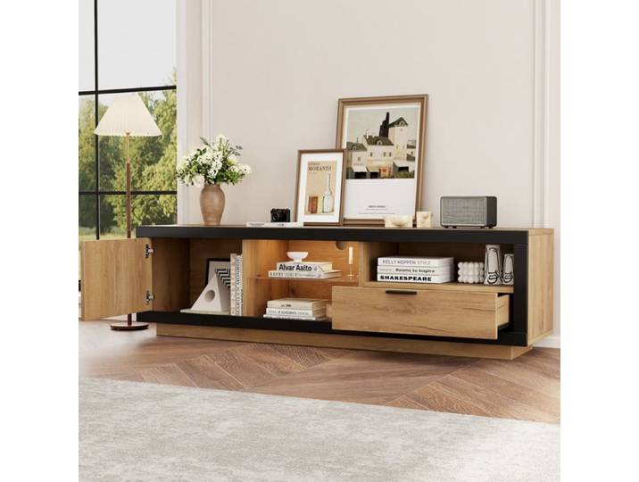 Meuble TV 160 cm avec 1 Porte 1 Tiroir 3 Niches Ouvertes et LED RGB - YEAVIO - Noir et Chene 160×40×50 cm