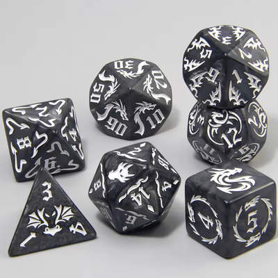 Inspire Curations 7 Piece Dragon Pattern Marble Polyhedral Dice Set For DND RPG Games black