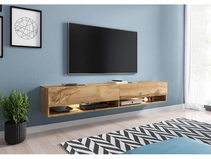 Bratex - Meuble Tv Lowboard A 180 Cm\, Meuble Tv Avec Éclairage Led\, Deux Étagères\, Couleur Wotan