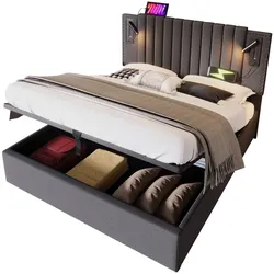 Polsterbett 160x200 mit Stauraum, verstellbarem Kopfteil und Leselicht – graues Baumwoll-Design, integrierte USB-Anschlüsse und robuster Stahlrahmen