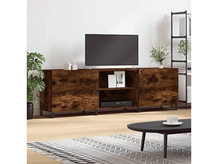 HEFZGDB TV-Schrank Räuchereiche 150x30x50 cm Holzwerkstoff mit 4 Fächern und Eisenbeinen – Robuster Medienschrank mit praktischer Tür für optimalen Stauraum und stabile