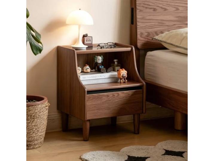 YESWOOD Nachttisch Massivholz mit Schublade & Ablagefach,Walnuss 40X35X50CM 3 Tier Eiche Nachtschrank Beistelltische,Hochwertiges Klarglas für Schlafzimmer, Wohnzimmer, Balkon und mehr