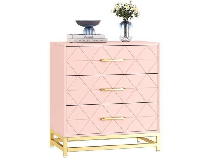 Commode moderne 3 tiroirs en bois pour chambre grands tiroirs poignées métalliques élégante table de nuit Rose
