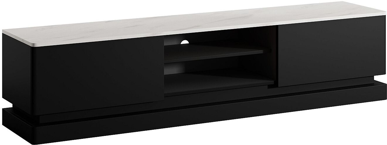 Vente-unique TV-Möbel - 2 Schubladen & 2 Ablagefächer - Mit LED-Beleuchtung - MDF - Schwarz - Marmor-Optik - DEVIKA