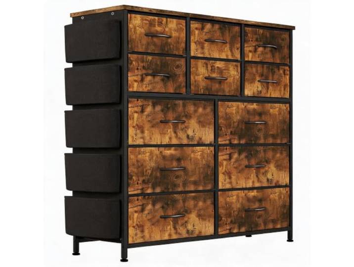 12 Schubladen Kommode Stoff Metallrahmen Holzplatte Flur Schlafzimmer Multifunktionaler Stauraum, Seitentaschen, Haken, Stabile Konstruktion, Schnelle Montage, Wohnzimmer-Organizer