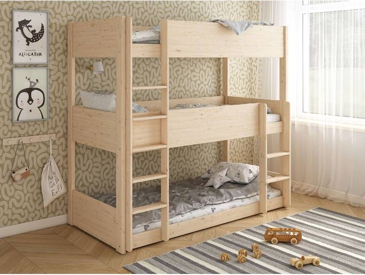 Etagenbett GOODPRODUCT TIPO, Stockbett, Hochbett, Bodenbett, platzsparend , beige (naturbelassen), B:105cm H:193cm L:207,5cm, Massive Kiefer, Kopf- und Fussteil MDF (Holzwerkstoff), Etagenbetten, Etagenbett, mit 3 Schlafplätzen, FSC zertifiziertes Massivholz (Kiefer)