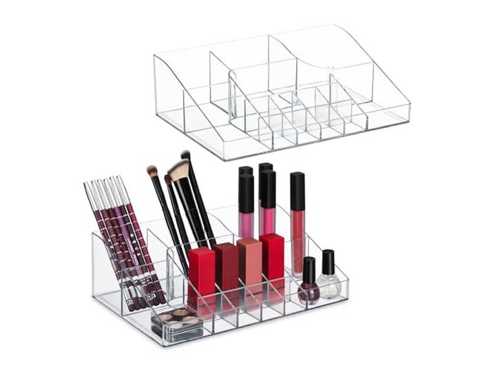 Relaxdays Organiseur à Maquillage\, Lot de 2\, 14 Compartiments\, Vernis\, Crayons à lèvres\, Plastique\, Transparent