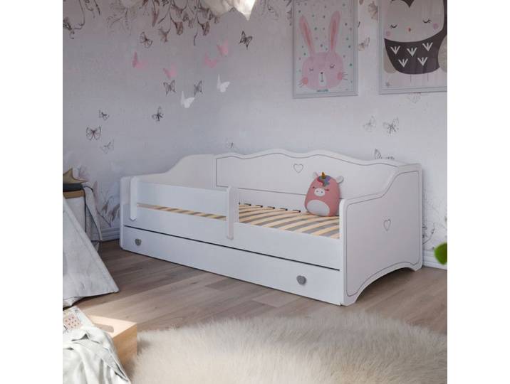 Lit enfant 80x180 EMMA – Blanc/gris – Avec sommier et tiroir lit