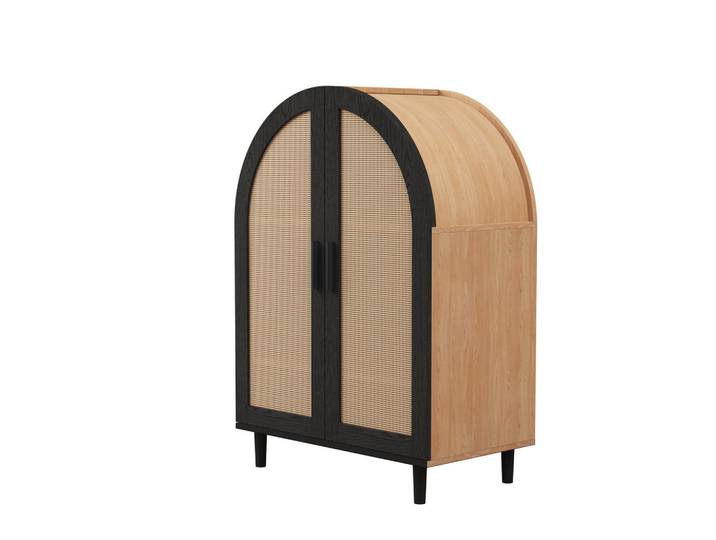 Flieks Schuhschrank Rattan Türen Runddesign 3 Regale Sideboard, Mehrfarbig, 70x100x40 cm, Garderobe, Schuhaufbewahrung, Schuhschränke