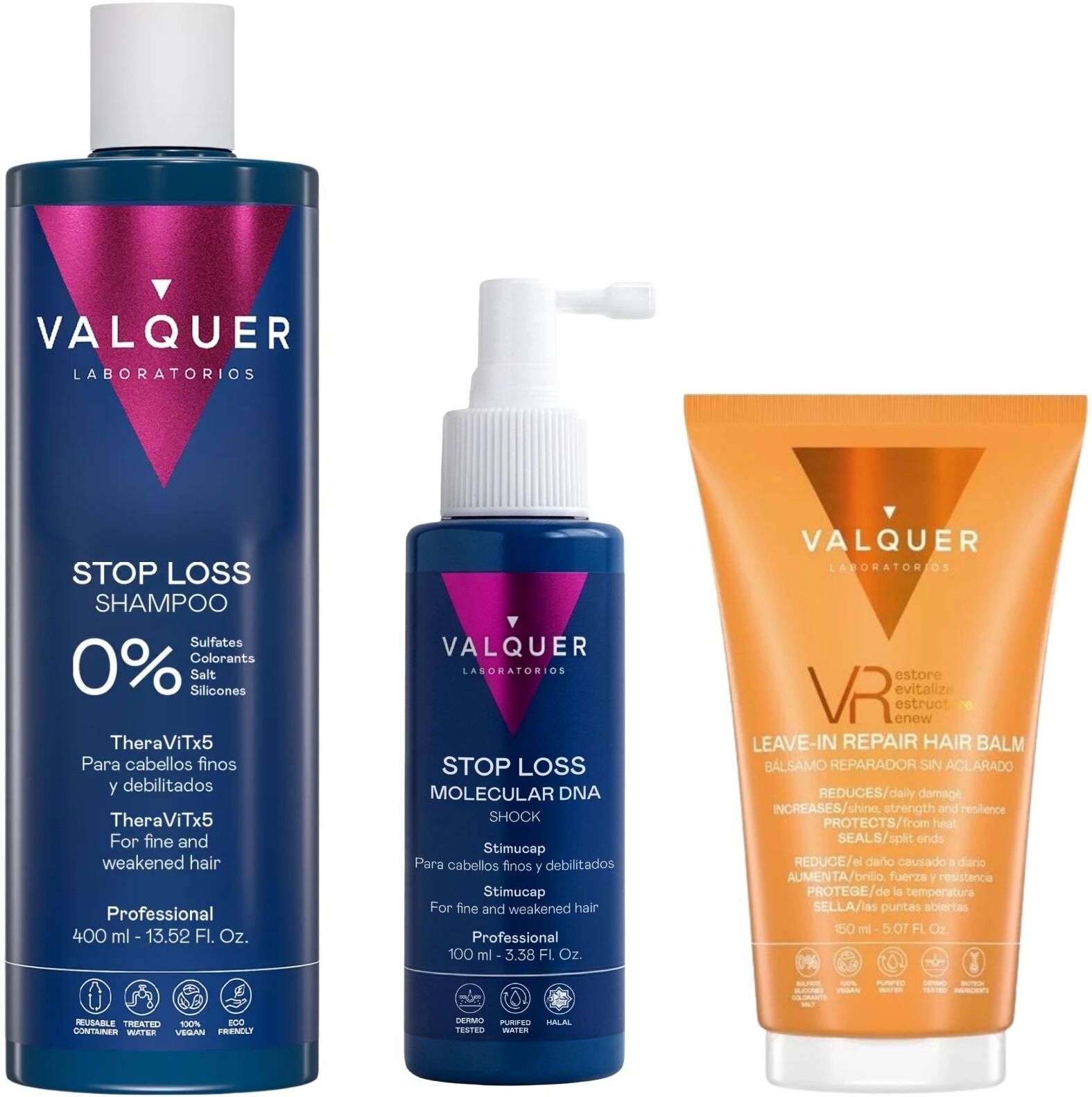 Valquer® Pack Anticaída Completo: Champú Stop Loss + Loción Shock ADN Molecular + Bálsamo VR