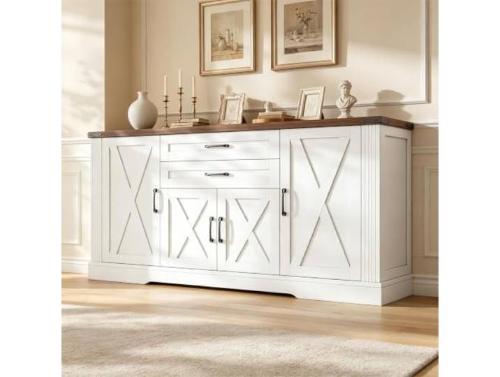 BXEYXE Sideboard Küchenschrank mit Arbeitsplatte Buffetschrank mit 4 Türen 2 Schubladen, Kücheninsel Wohnzimmerschrank Vorratsschrank für Wohnzimmer Küche Esszimmer, Weiß,160x39x81.5cm