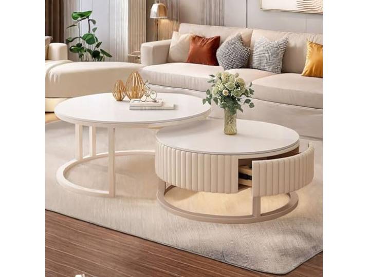 HRXQ Nesting Runder Couchtisch 2er Set Weiß Wohnzimmertisch Rund Wohnzimmer Tisch 70cm+50cm Sofatisch Für Schlafzimmer Wohnzimmer