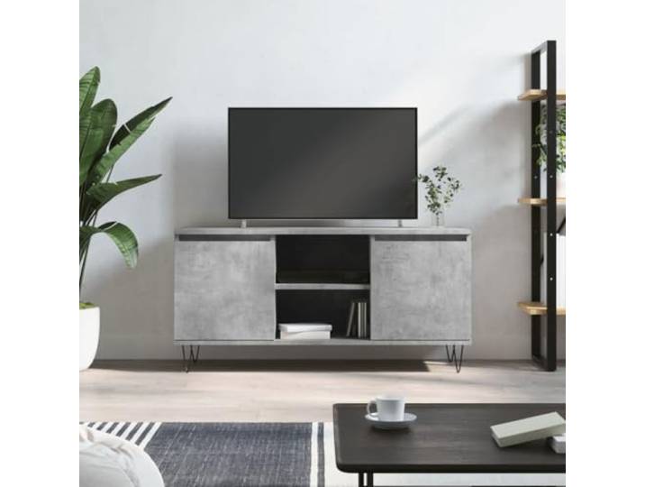 HEFZGDB TV-Schrank Betongrau 104x35x50 cm Holzwerkstoff mit 4 Fächern und Eisenbeinen, Stauraum Möbel für Wohnzimmer, Stabile Aufbewahrung Sideboard mit Wandhalterung