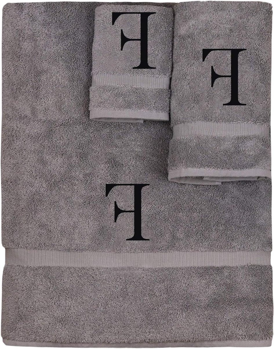 Monogram Handdoekenset met Geborduurde Initiaal F - Set van 3 - Grijs