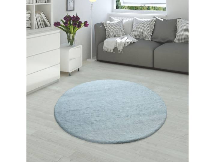 Fellteppich PACO HOME Rabbit 780 , blau (türkis), H:26mm Ø:160cm, Polyester, Teppiche, Fellteppich, Kunstfell, Kaninchenfell-Haptik, ein echter Kuschelteppich, Uni-Farben