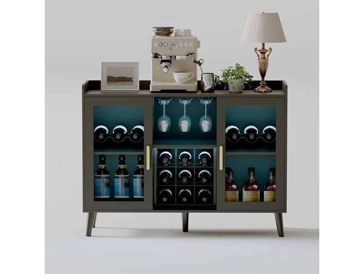 Meuble de bar avec LEDS en MDF noir avec range bouteilles et range verres pour Salon 120x40x90cm Scandinave -Moderne