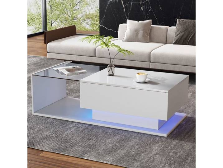 Table basse laquée blanche 100x50x32 cm verre et tiroir