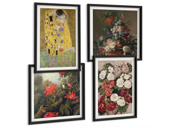 BILDER SET 4er Set - 50x50 cm & 40x60 cm Schwarzer Rahmen - Blumen des Baumes (Gemälde von Klimt)