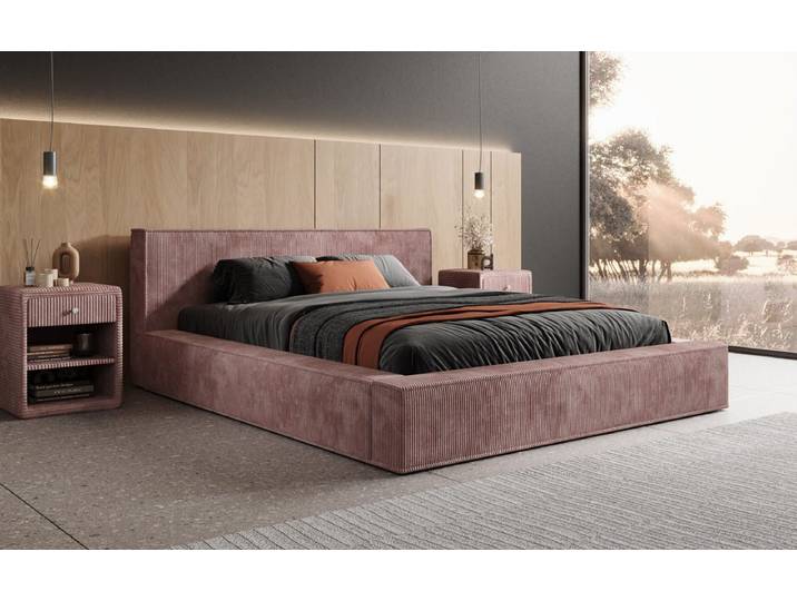 Designer Polsterbett Harmon in Cord mit Stauraum - 200x200 - Rosé - Luxusbetten24