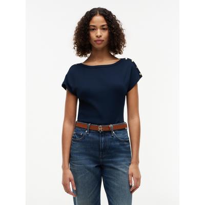 Kurzarmshirt TOMMY HILFIGER "GOLD BTN CAP-SLV BOAT-NK TEE", Damen, Gr. XS (34), blau (schwarz night navy), Single Jersey, Obermaterial: 100% Baumwolle, unifarben, regular fit normal, U-Boot-Ausschnitt, eingesetzt gerader Abschluss, Shirts,...